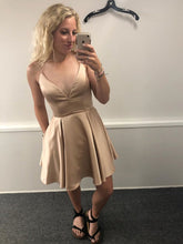 Elegant V-Neck Champagne Satin Short Prom Dress with Pockets for Homecoming